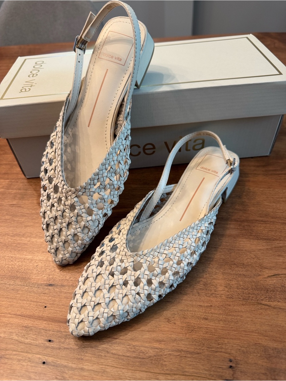 Woven  Leather Slingback Low Block Heel - Cream